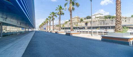 A modern building with a blue facade and a long, empty street lined with palm trees and a historic stone wall.