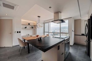 Fridge, microwave, oven, coffee/tea maker