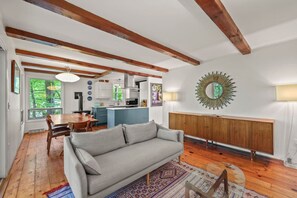 TV, fireplace, books