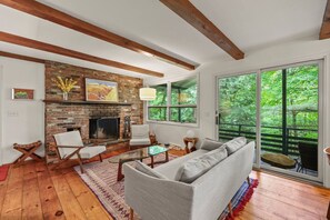 TV, fireplace, books