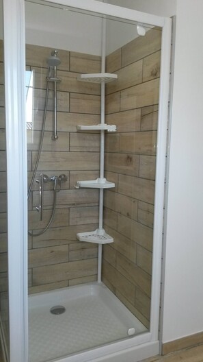 Shower, hair dryer, towels, toilet paper