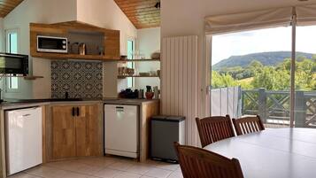 Een koelkast, een microgolfoven, een oven, een kookplaat