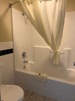 Hair dryer, towels, soap, shampoo
