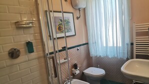 A bathroom with a shower, toilet, bidet, and sink.