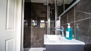 A modern bathroom with a glass shower enclosure, a white sink, and a mirror.
