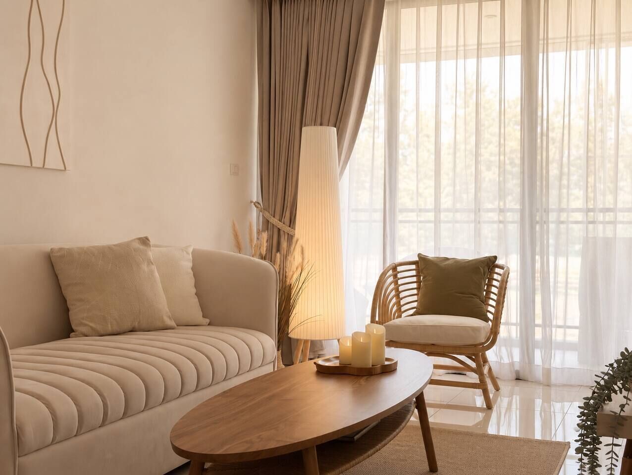 A modern living room with a sofa, a wooden coffee table, a chair, and a lamp.