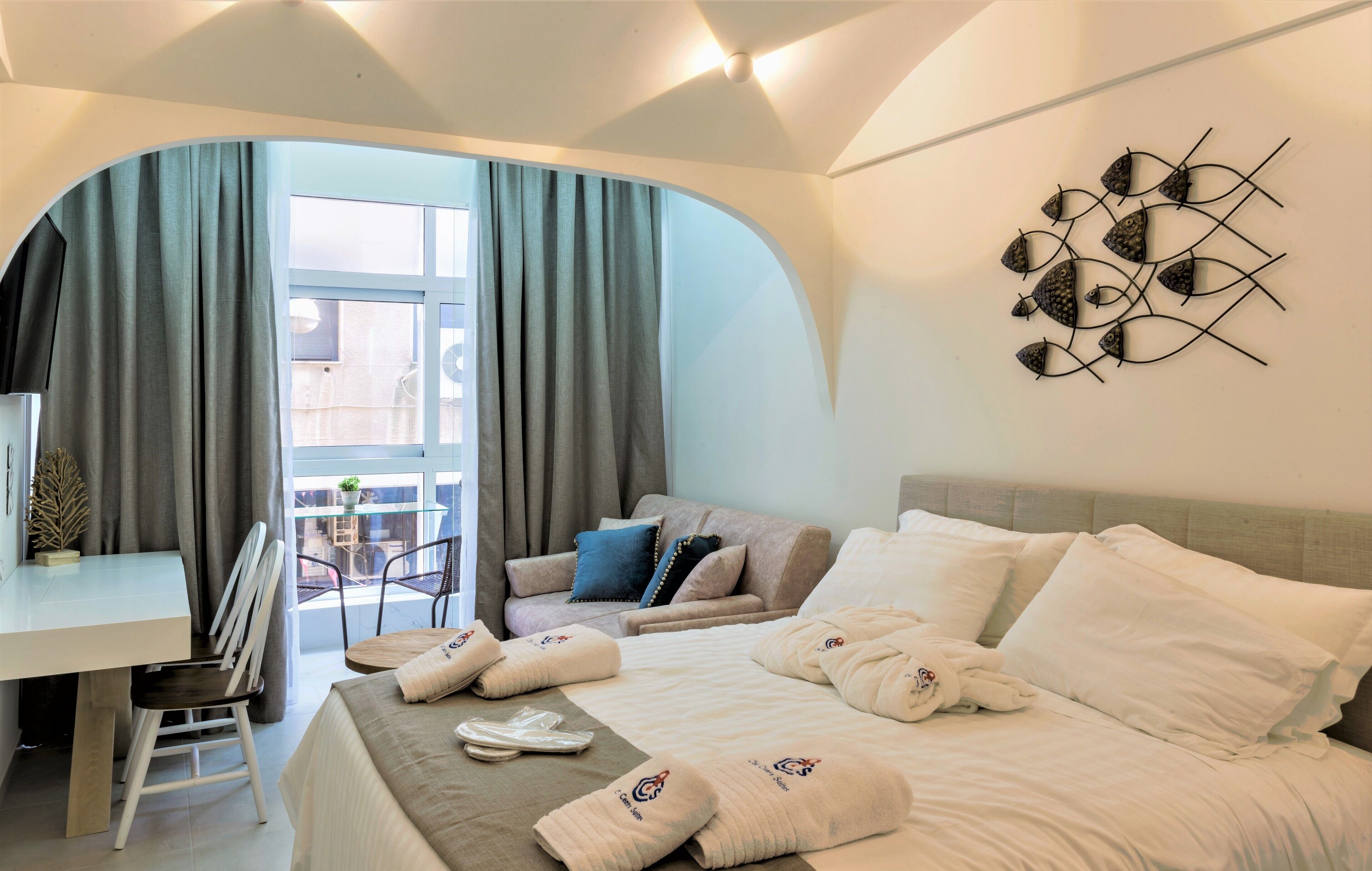 Suite with Balcony - Santorini | Egyptian cotton sheets, premium bedding, in-room safe, laptop workspace