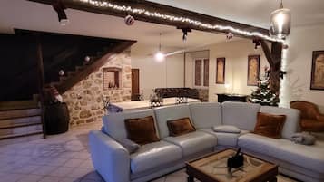 Smart TV, fireplace, video games, DVD player