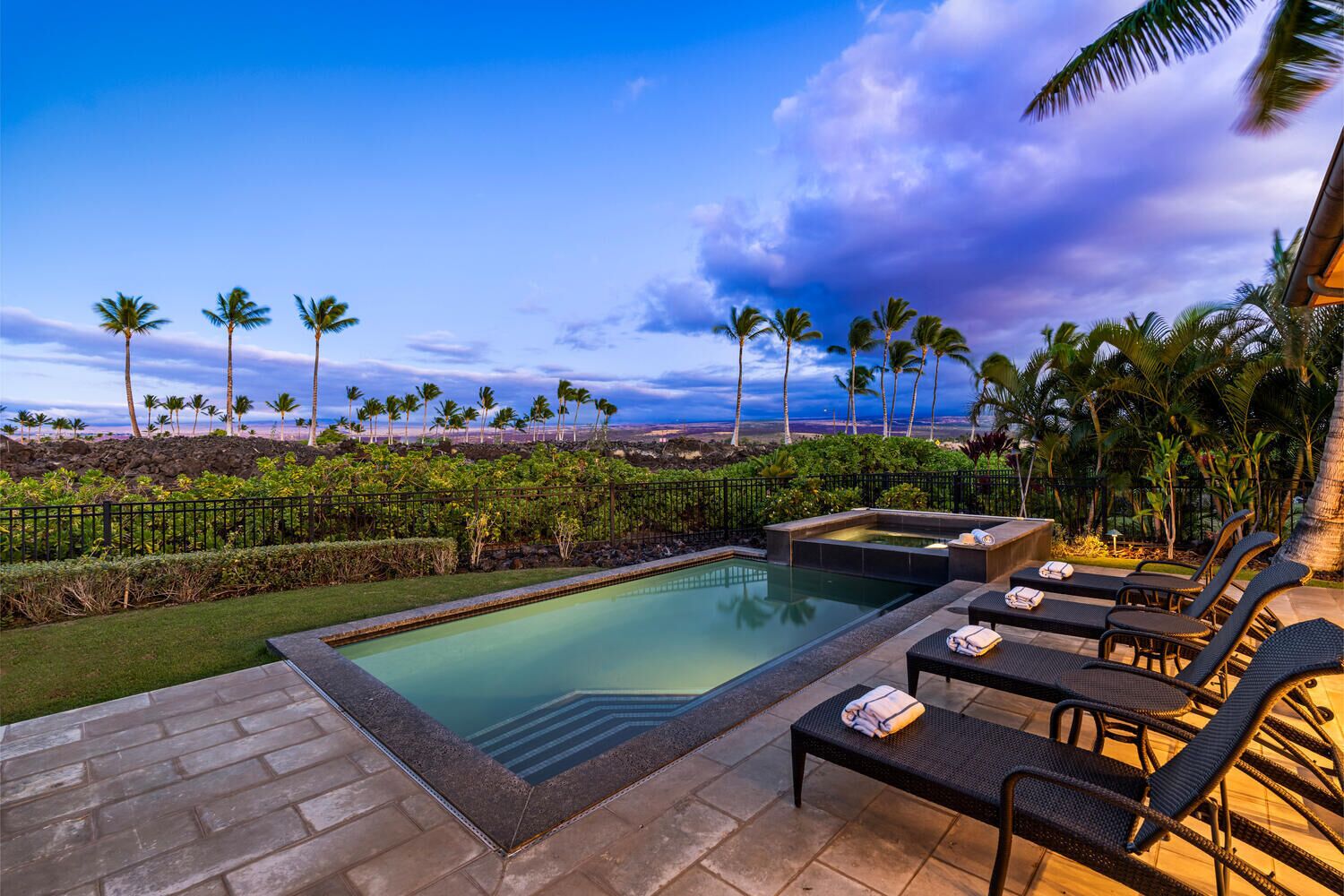 A pool area with lounge chairs and a hot tub, surrounded by palm trees and a view of the landscape.