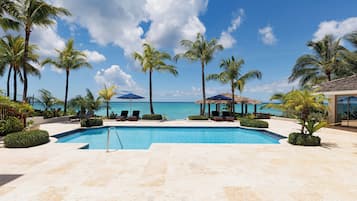 Outdoor pool, pool umbrellas, pool loungers