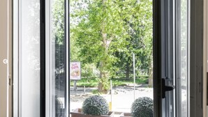 A door with a view of a tree-lined street and a signboard. - Acquileia - Stylish loft  steps from Corso Magenta (Milano)