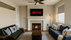 Un salon avec une cheminée, deux canapés, une table basse et un téléviseur fixé au-dessus de la cheminée, affichant le logo « NETFLIX ».