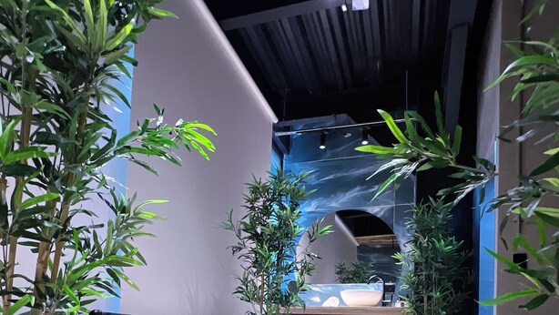 A modern bathroom with a large bathtub, potted plants, and a tiled floor. - Hotel Lleras Park II (Medellín)