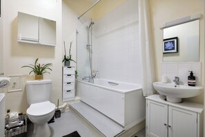 Hair dryer, towels, soap, toilet paper