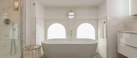 Shower, hair dryer, towels, soap