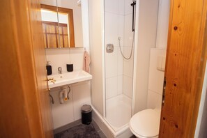 Shower, hair dryer, towels, toilet paper