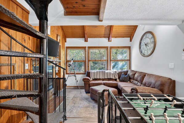 TV, fireplace, foosball