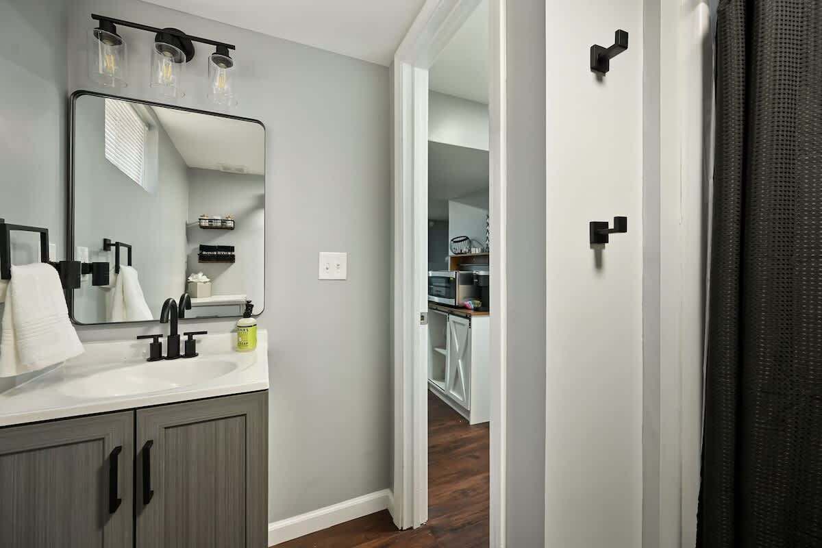 Shower, hair dryer, shampoo