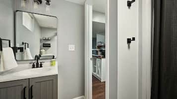 Shower, hair dryer, shampoo