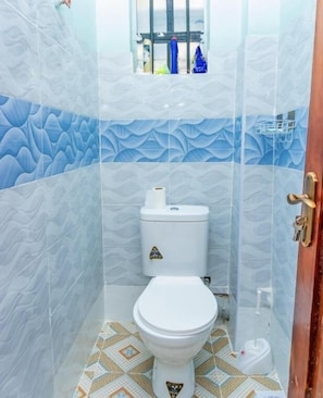Deluxe-Studio | Badezimmer | Dusche, kostenlose Toilettenartikel, Hausschuhe, Handtücher