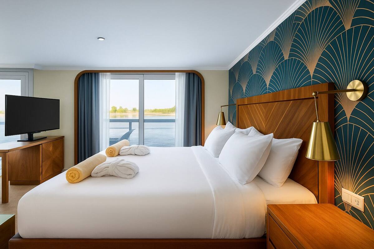 A hotel room with a large bed, a television on a wooden desk, and a view of a body of water through a window.
