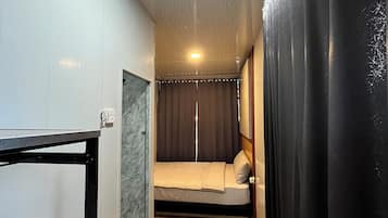 Desk, laptop workspace, blackout curtains, soundproofing