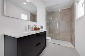 Shower, hair dryer, towels, soap