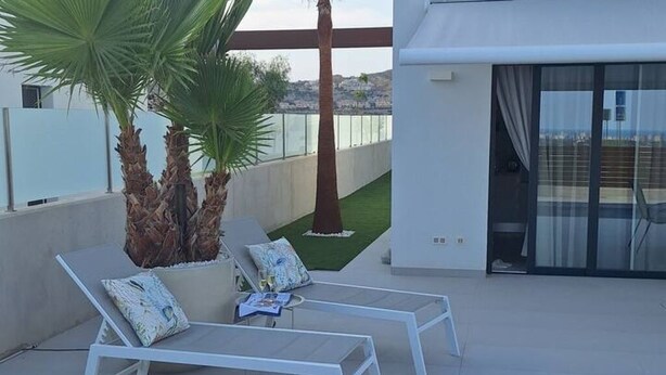 Une terrasse sur le toit avec deux chaises longues, une petite table et un palmier.