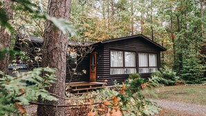 Un chalet rustique entouré d’une forêt dense.