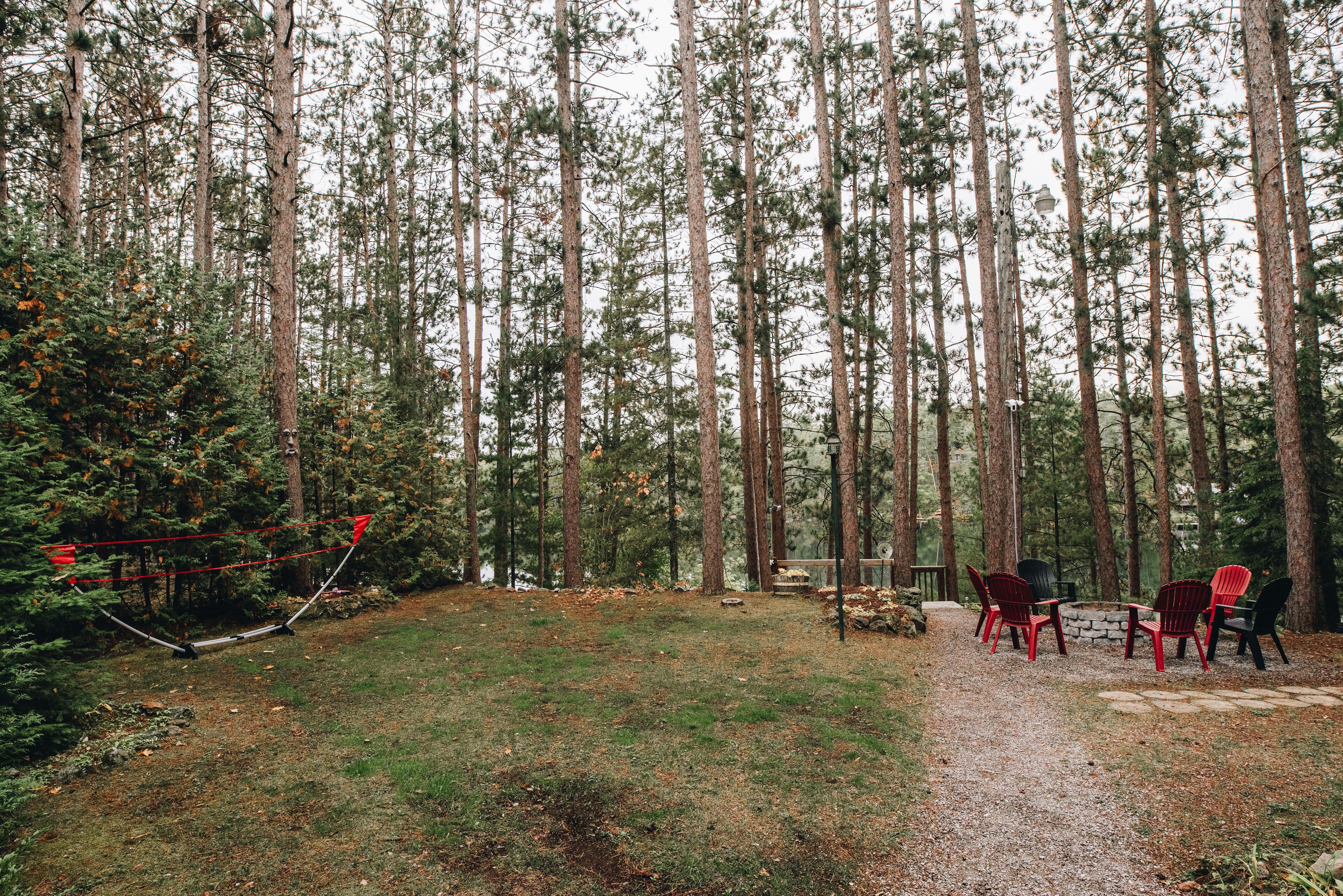 A forested area with a gravel path, a stone wall, and red chairs near a stone bench.