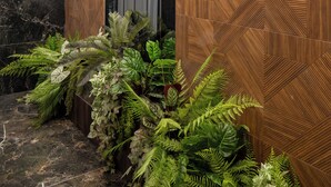 A modern lobby with a wooden wall, a glass elevator, and lush green plants. - Leo Hotel (Shtiqën)