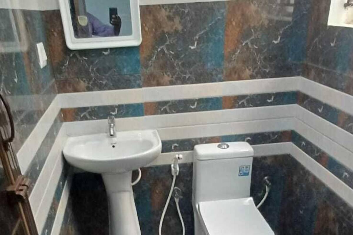 A bathroom with a pedestal sink, toilet, and a mirror.