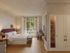 Exclusieve suite, uitzicht op stad | Luxe beddengoed, bedden met traagschuimmatras, een minibar