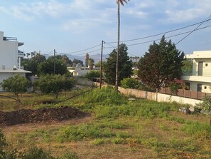 Zona residencial con edificios modernos, cielo despejado y una variedad de vegetación.