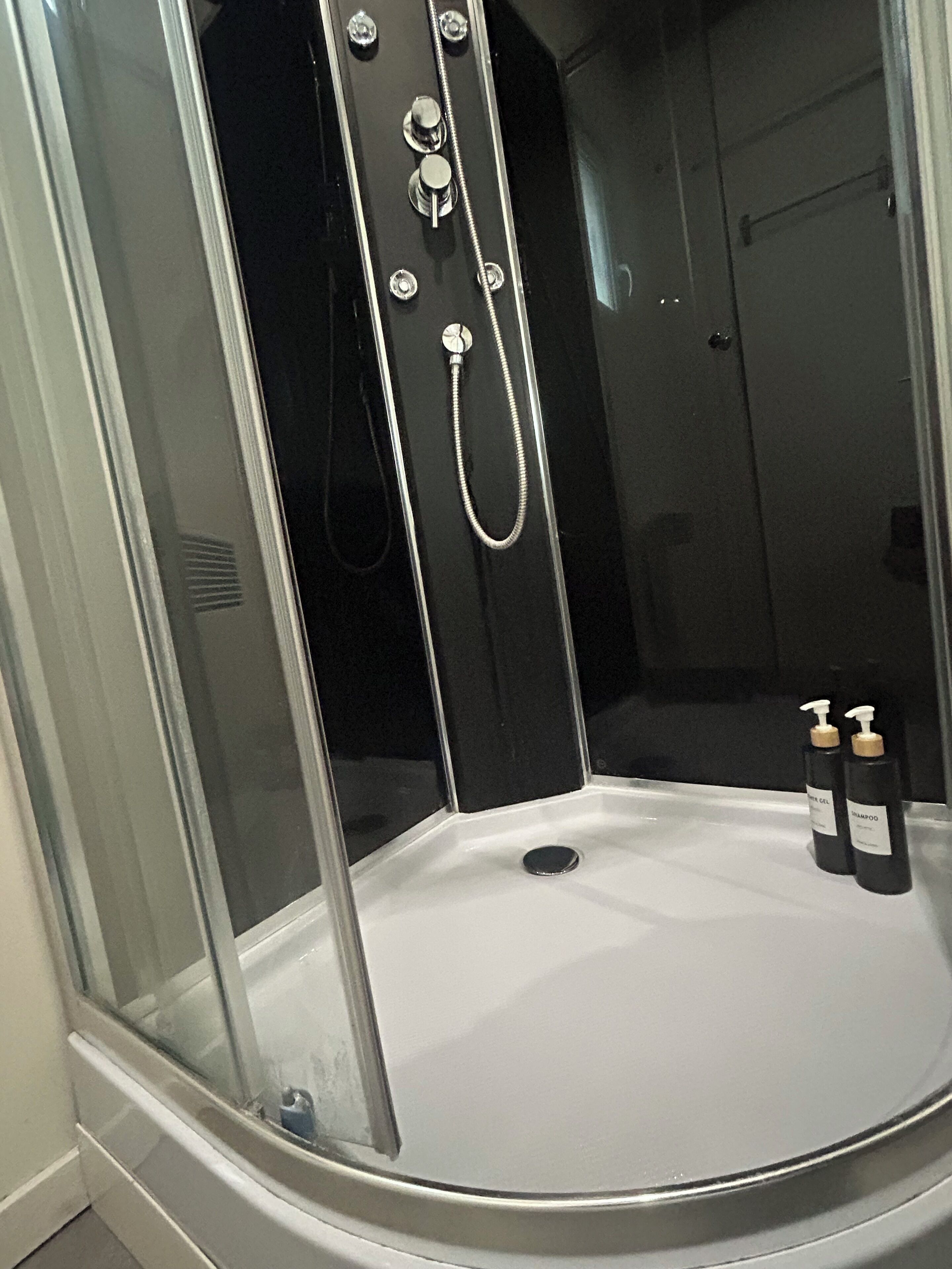 Shower, hair dryer, towels, soap