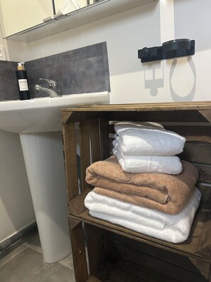 Shower, hair dryer, towels, soap