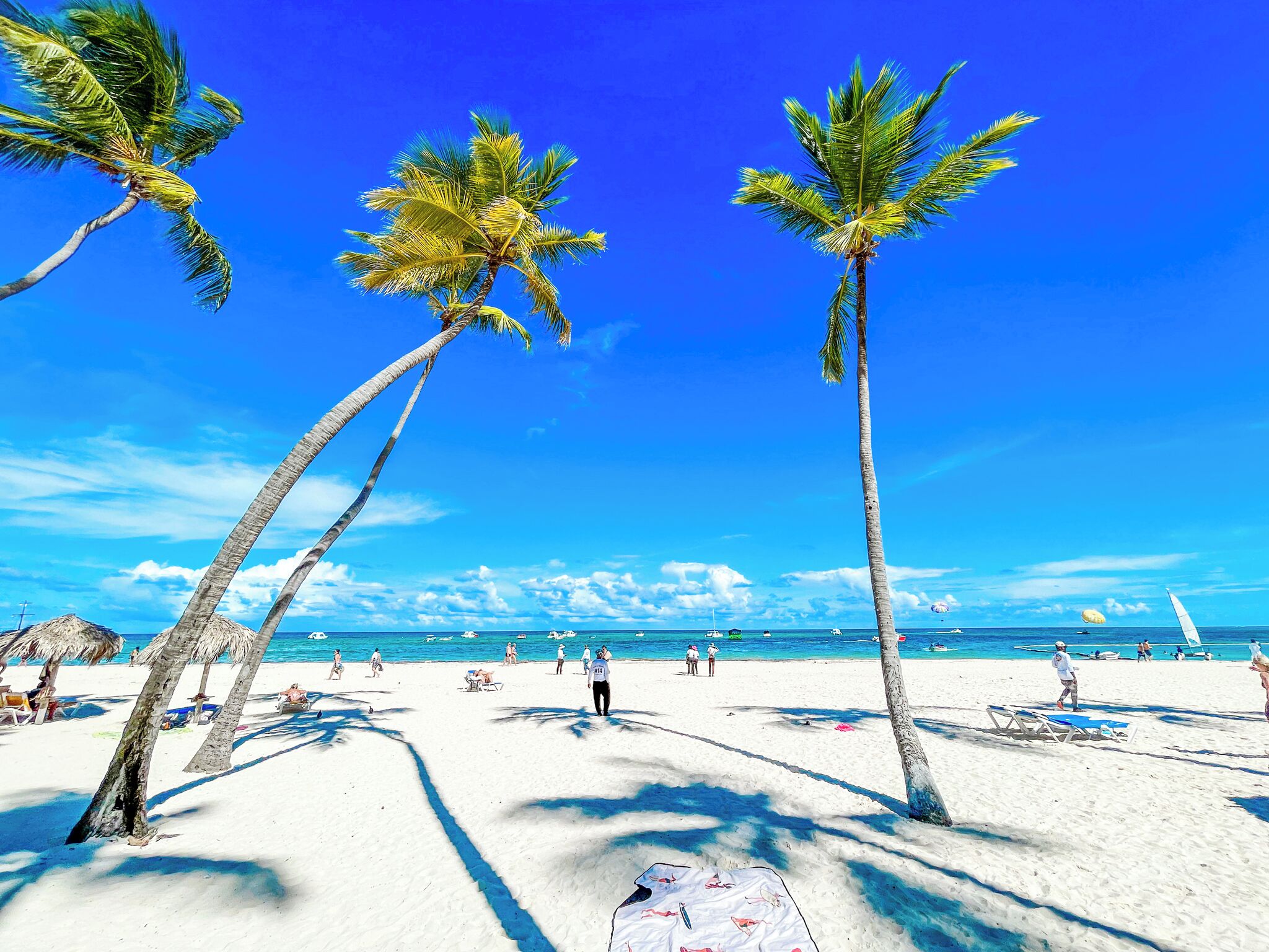 Plage, sable blanc, chaises longues, parasols