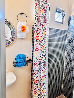 Hair dryer, towels, soap, toilet paper