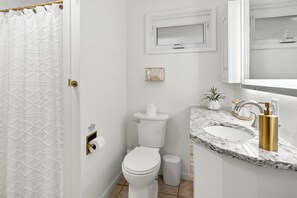 Hair dryer, towels, soap, toilet paper
