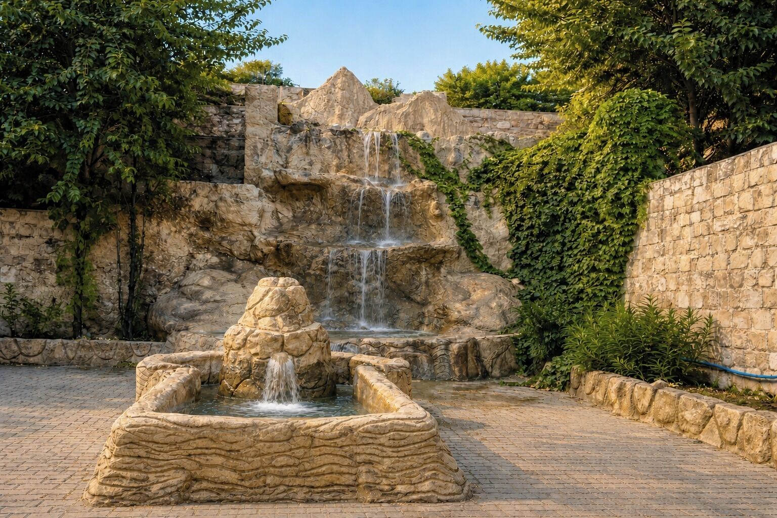 Una fuente de piedra con agua cayendo por una pared rocosa, rodeada de vegetación y un sendero pavimentado.