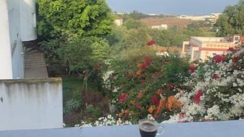 A balcony with a cup of coffee, a view of a garden with flowers, and a building in the background.