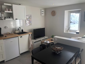 Fridge, microwave, stovetop, coffee/tea maker
