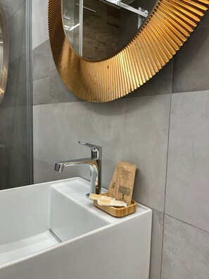 Shower, hair dryer, bidet, towels