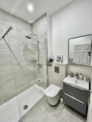 Shower, hair dryer, towels, soap