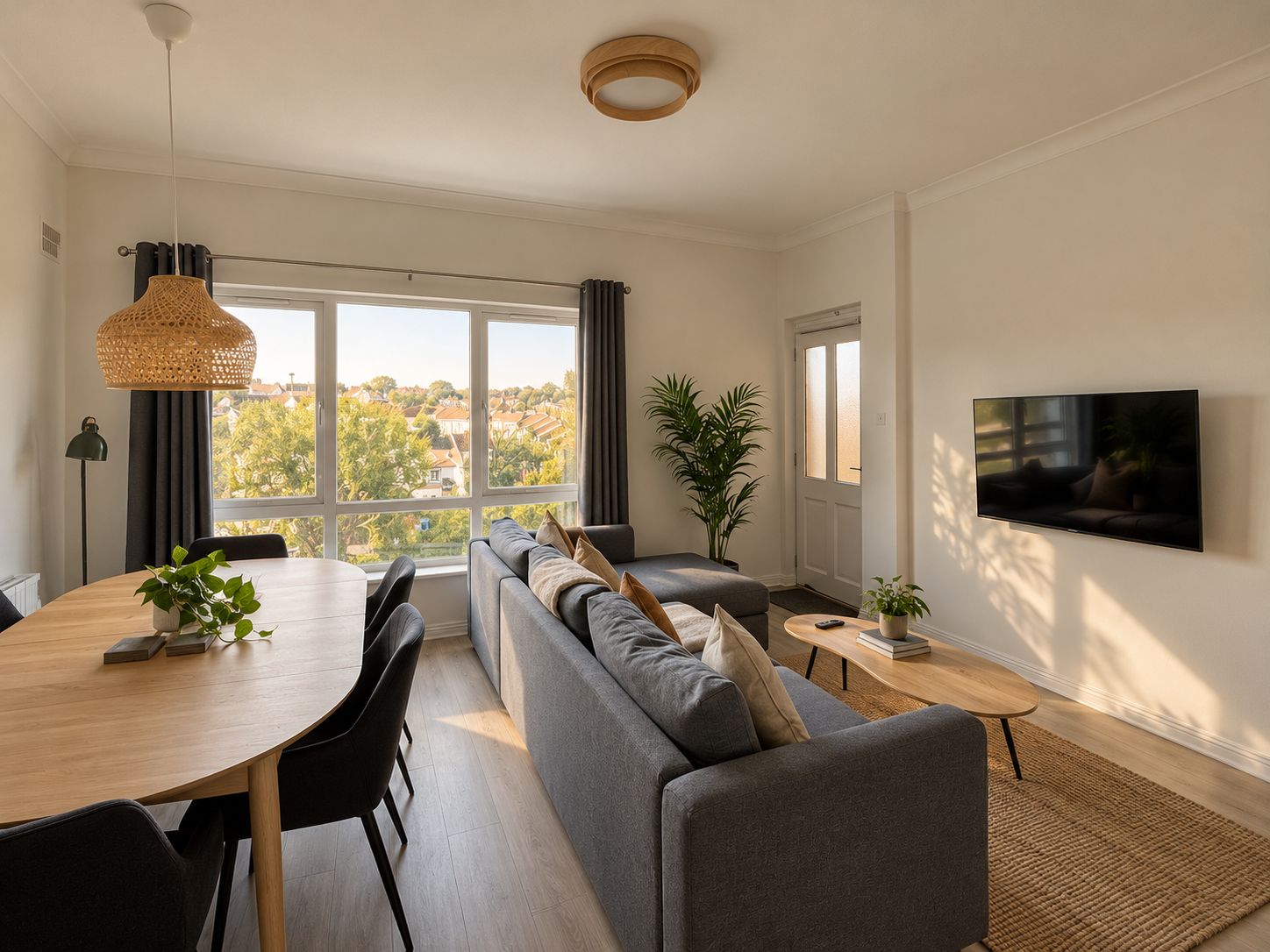 A modern living room with a sofa, a dining table, and a TV mounted on the wall.