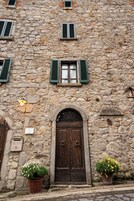 Un edificio de piedra con una puerta de madera, contraventanas verdes y dos macetas.