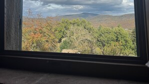 Vista a través de una ventana que muestra un paisaje montañoso con follaje otoñal y una casa al fondo.