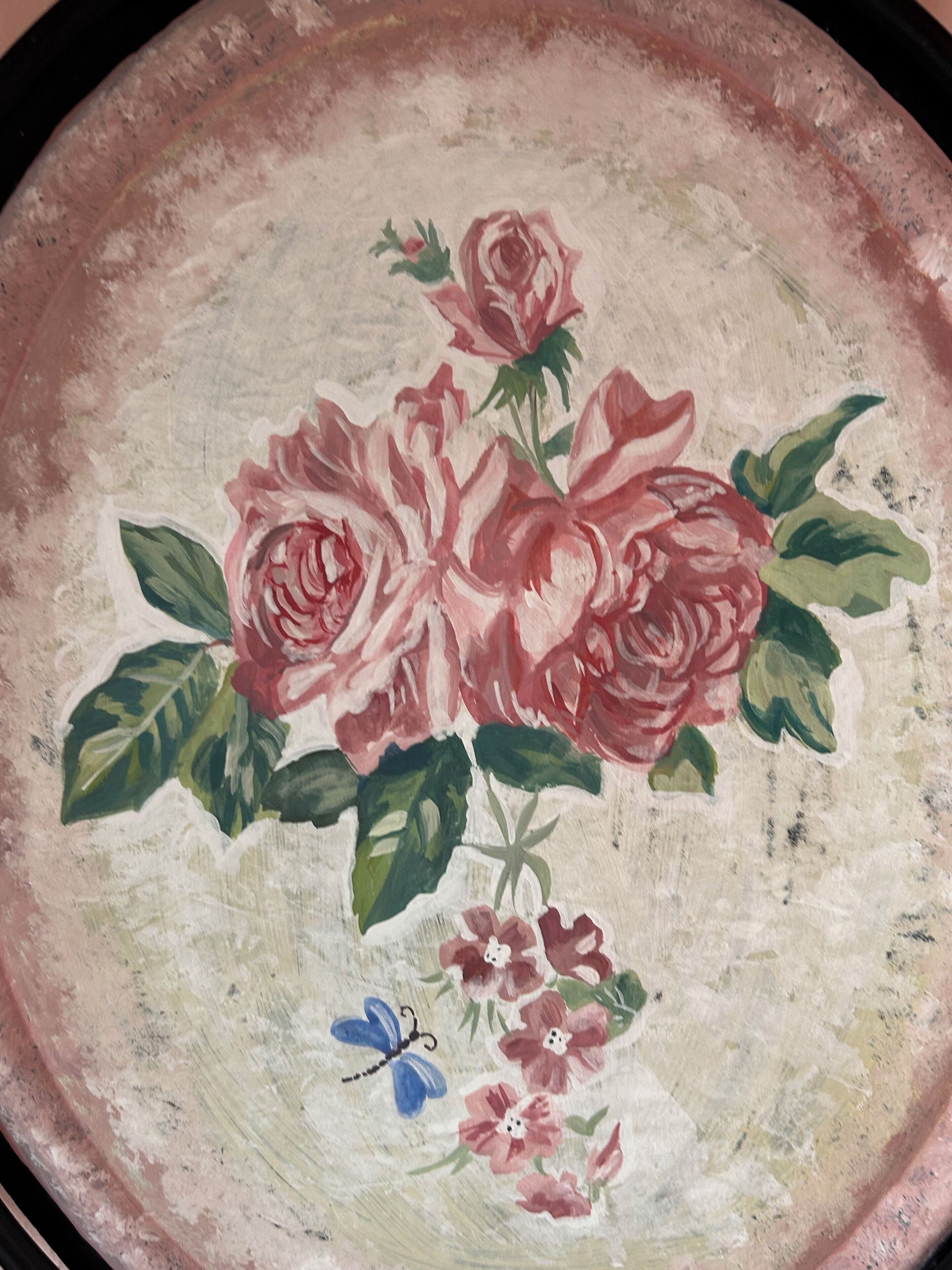 A painting of roses and a butterfly on a textured surface.