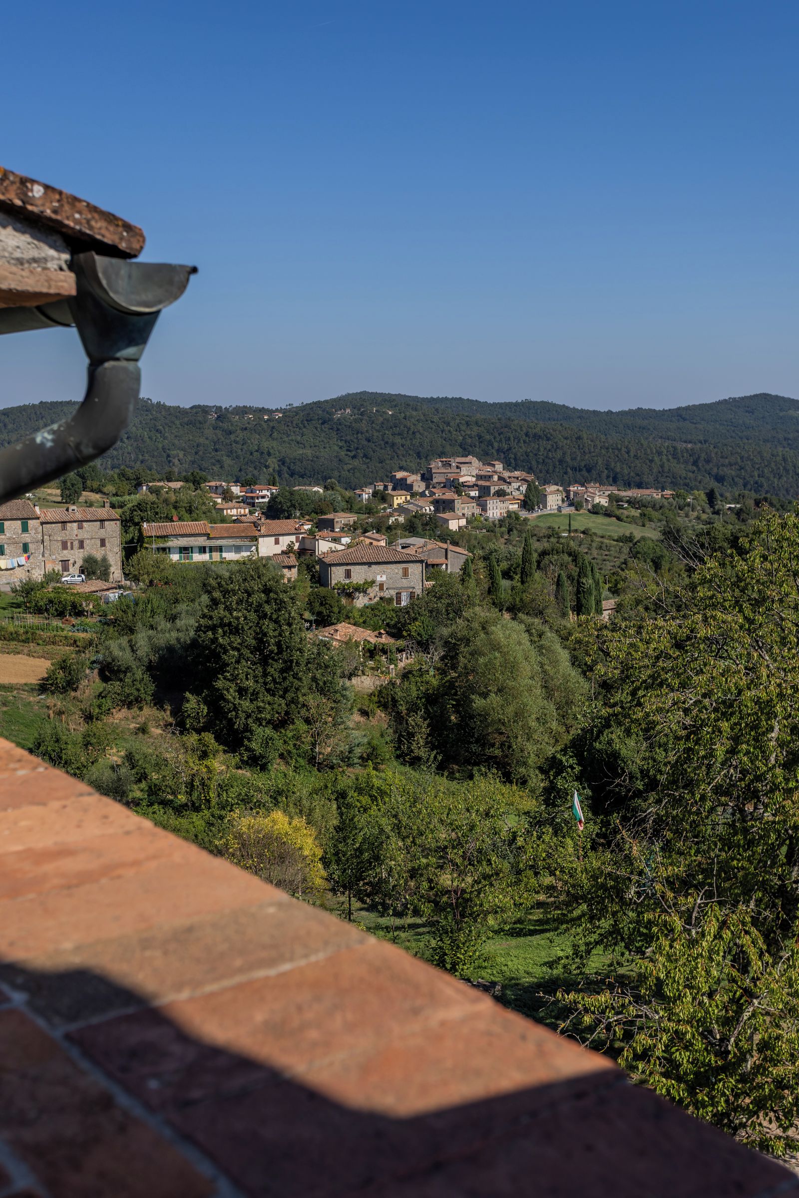 A rural village with traditional stone buildings, surrounded by lush greenery and hills.