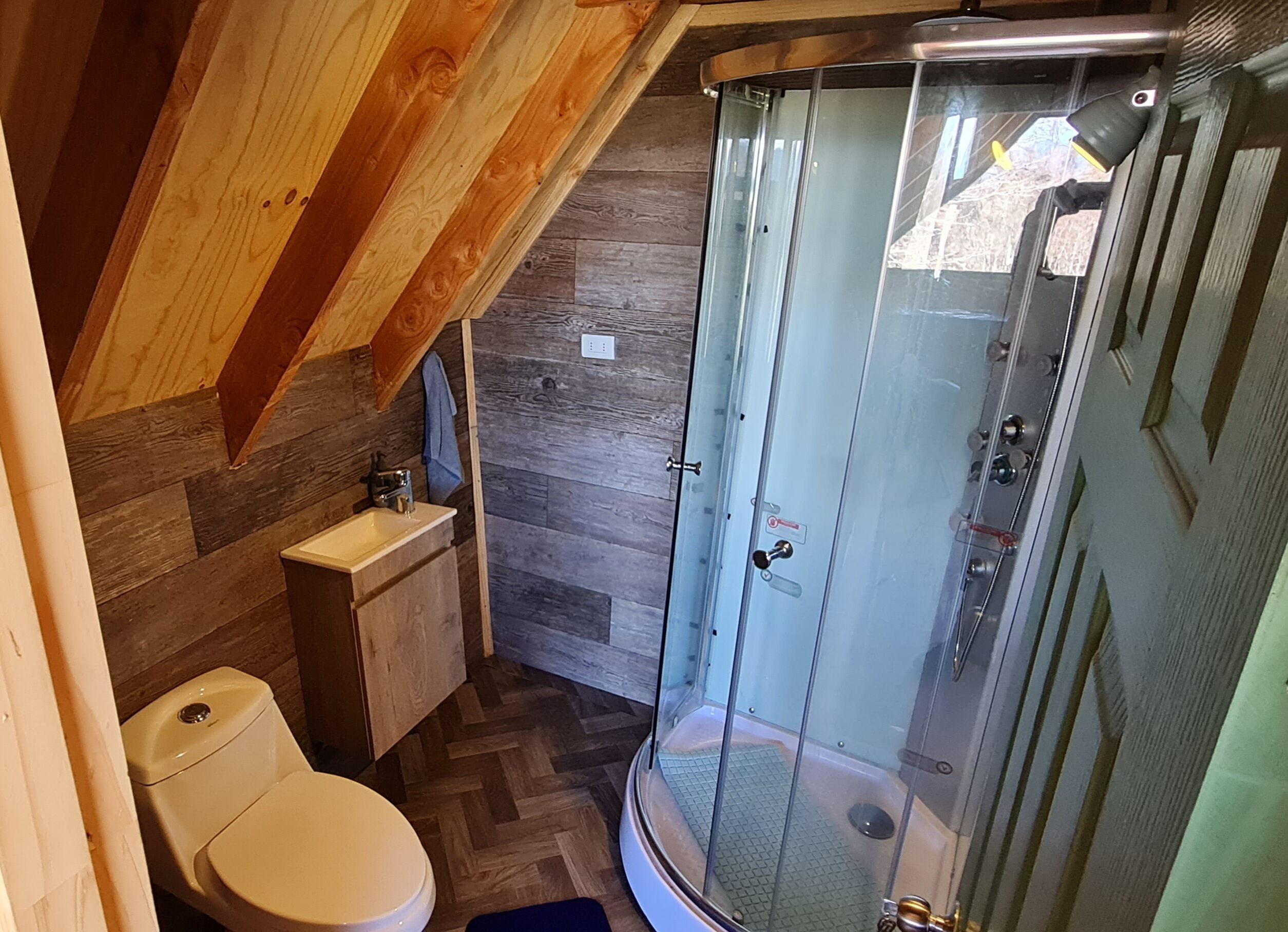 A compact bathroom with a toilet, sink, and glass-enclosed shower.